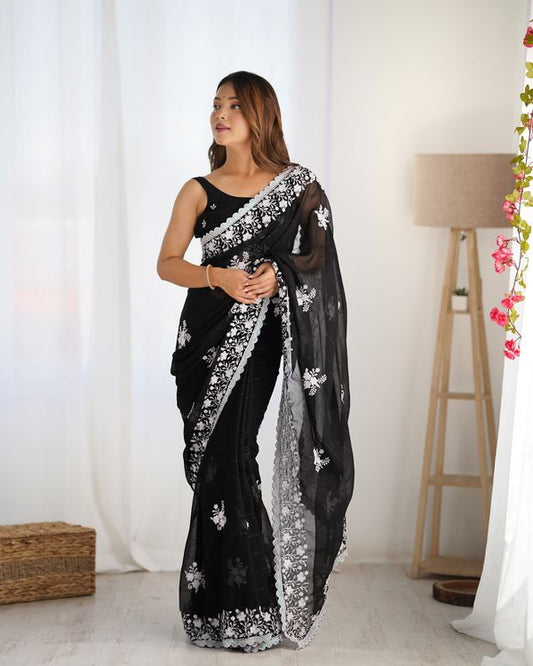 Graceful Black Color Georgette Fabric Thread And Sequins Embroidery Work Saree