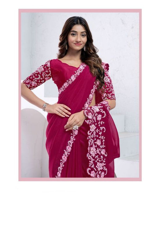 Pink Sequence Embroidery & Hand Work Crepe Shimmer Silk Saree