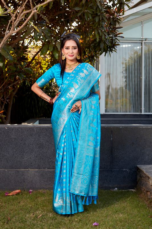 Blue Heavy Jacquard Weving Designer Satin Silk Saree