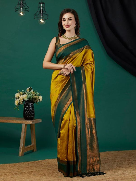 Mustard Banarasi Silk Wevon Jari Designer Heavy Looks Glamorous Ceremonial Saree