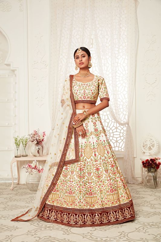 Off-White Women's Art Silk Embroidery Lehenga Choli