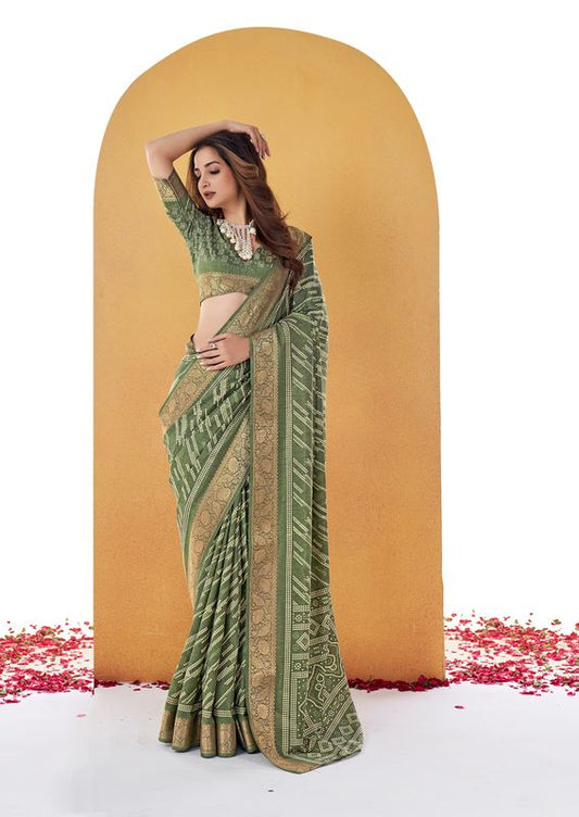 OIn Stock Green Wevon Border Designer With Printed Dolla Silk Saree