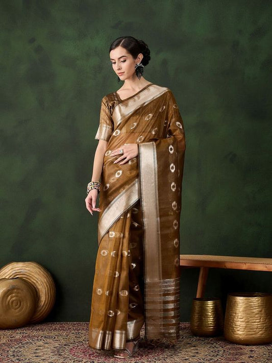 Mustard Wevon Jacquard Designer Khadi Organza Saree