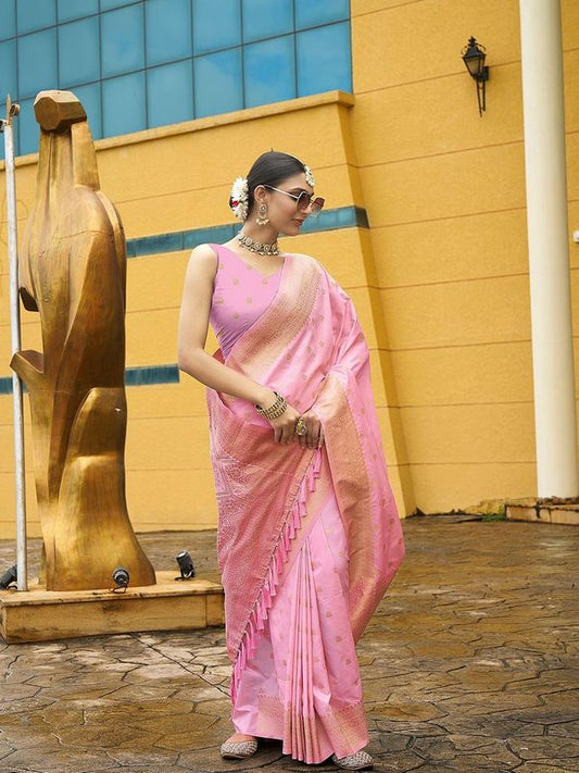 Pink Wevon Jacquard Designer Nylon Banarasi Saree