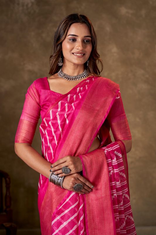 Pink Cotton Leheriya Saree and Stitched Pink Blouse