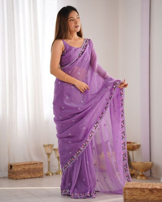 Purple Thread & Sequance Embroidery Work Pixel Silk Saree