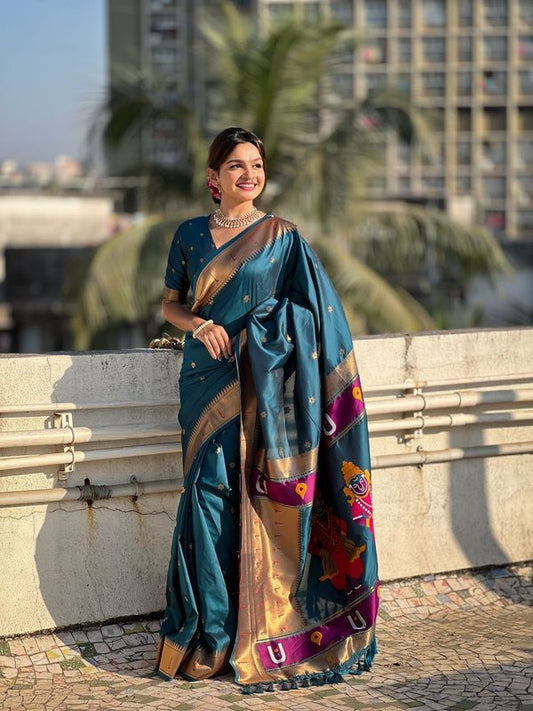 Navy Blue Wevon Paithani Vitthala Designer Soft Silk Saree