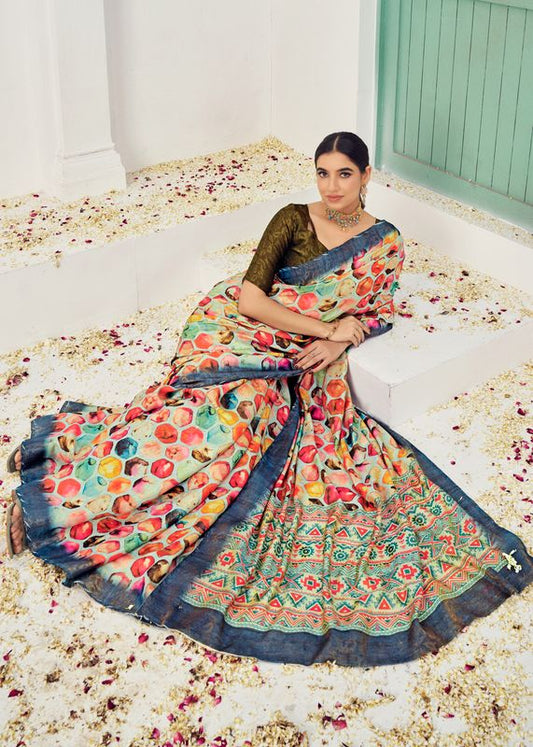 Multy Wevon Jari Designer & Digital Printed Natural Viscose Saree