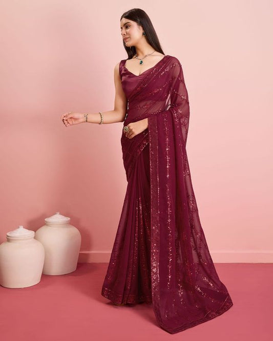 Burgundi Sequance Embroidery Work Georgette Saree