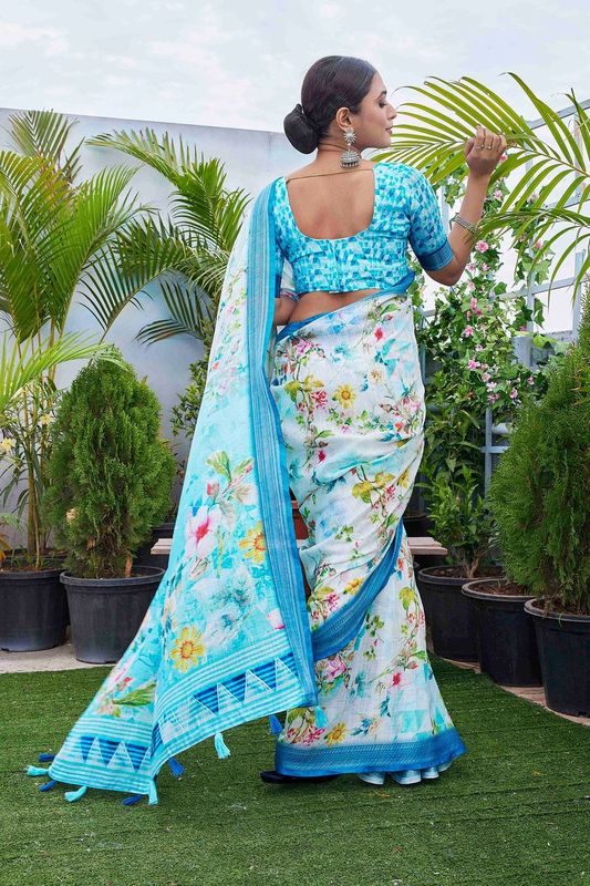 Blue Color Linen Blend Digital Printed Designer For Graceful Festive Looks