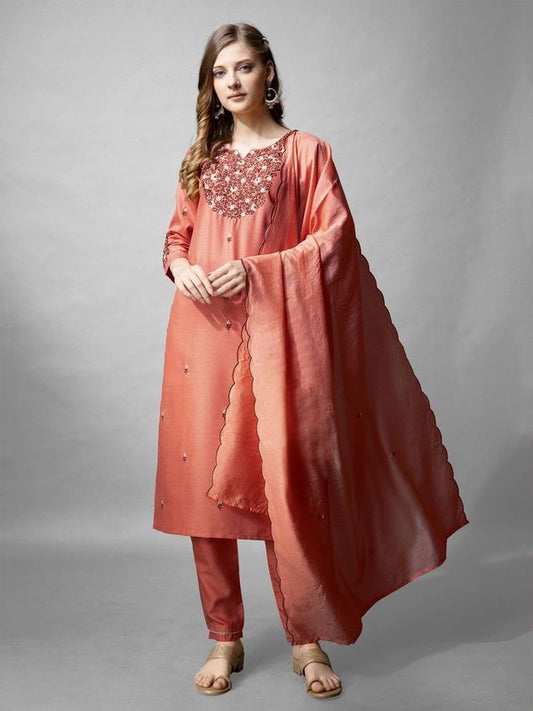 Coral Color Cotton Blend Readymade Dress With Designer Embroidery Work