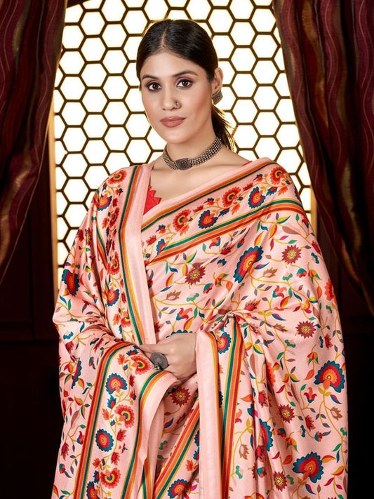 Cream Designer Digital Printed Pashmina Saree