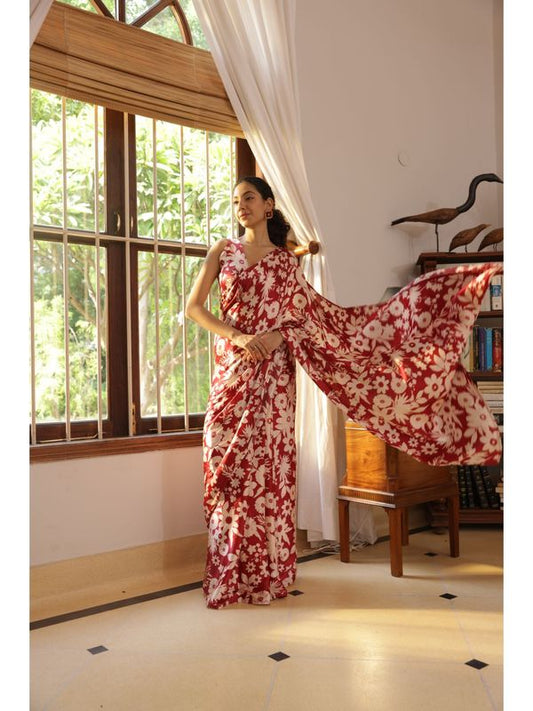 Maroon Digital Floral Printed Nylon Japan Satin Saree