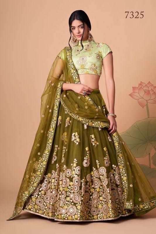 Mehndi Women's Soft Net Embroidery Lehenga Choli