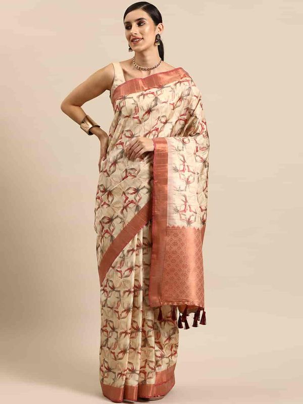 Beige Women's Chanderi Cotton Silk Digital Print Saree