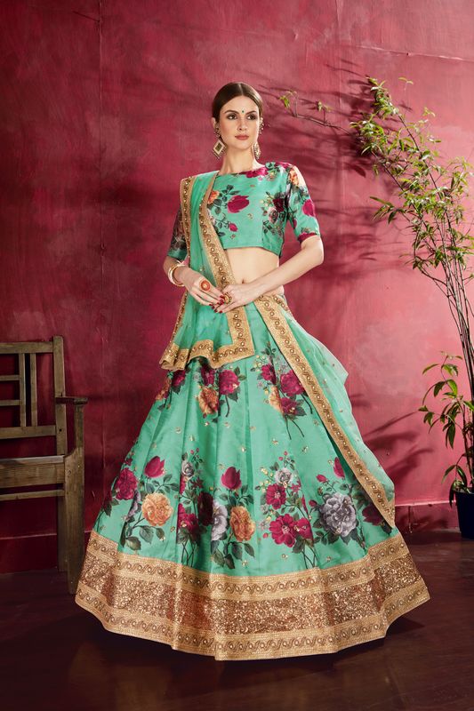 Green Women's Heavy Banglori Silk Embroidery Lehenga Choli