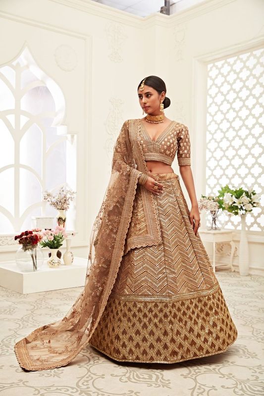 Brown Women's Slub Silk Embroidery Lehenga Choli