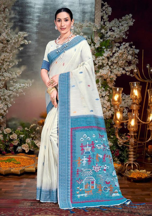 Off White Heavy Wevon Designer Cotton Saree