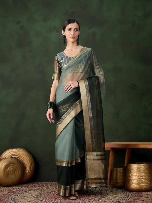 Green Wevon Jacquard Designer Khadi Organza Saree