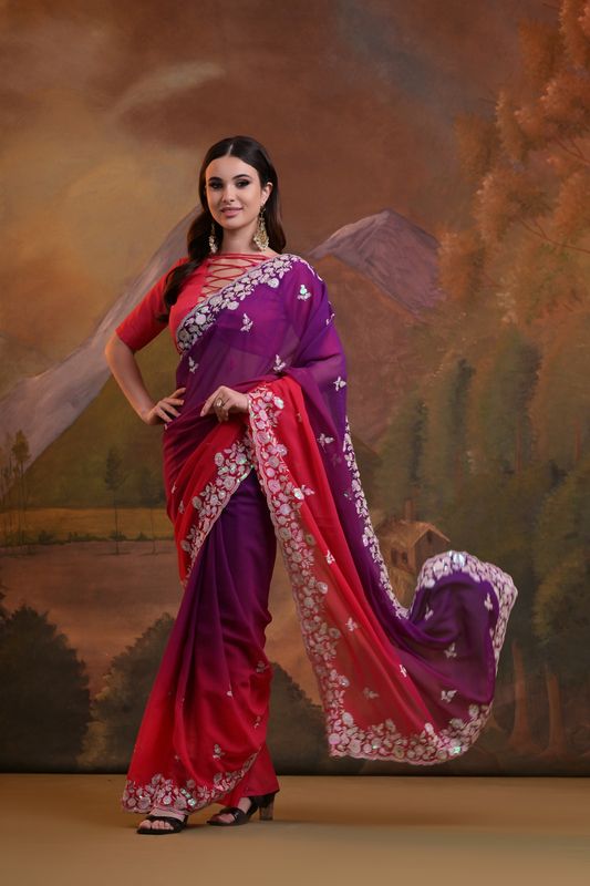 Pink Pedding & Sequance Embroidery Work Georgette Saree