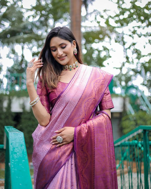 Lavender Wevon Copper Jari Designer Kanjivaram Silk Saree