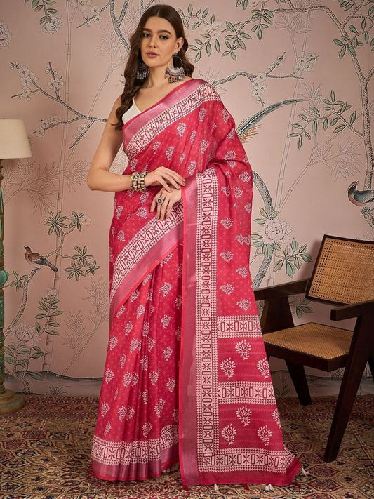 Pink Color Digital Printed Designer Linen Fabric Graceful Saree