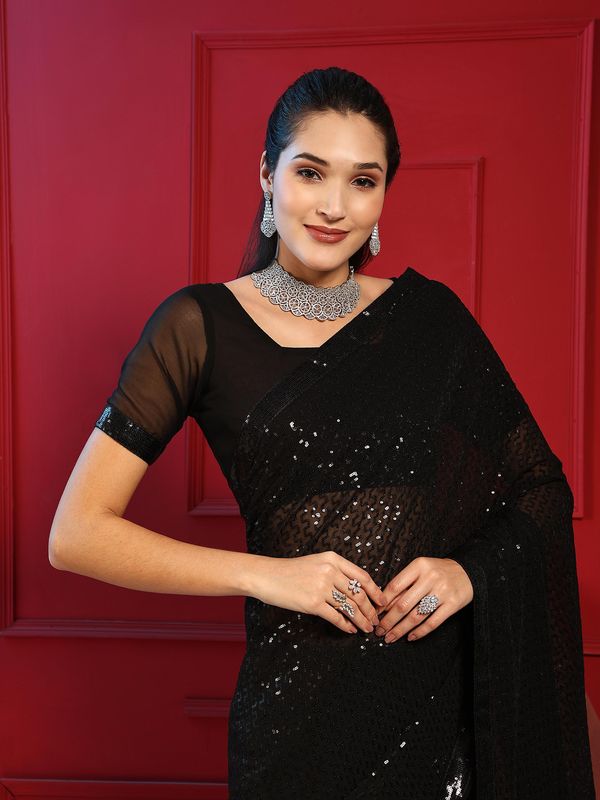 Black Designer Sequance Embroidery Work Georgette Saree