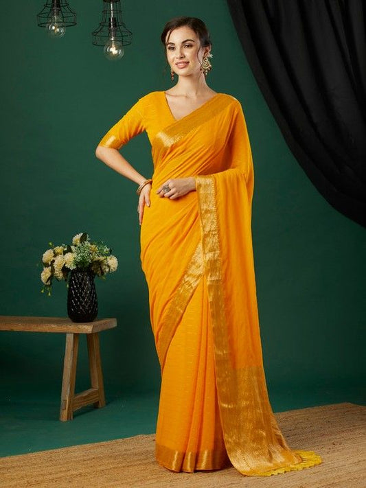 Yellow Chinnon Striped Saree With Tassels on Pallu and Stitched Yellow Blouse