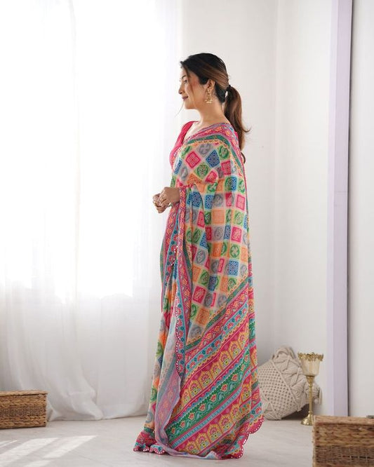 Multy Designer Digital Printed & Mirror Cut Work Chinon Saree