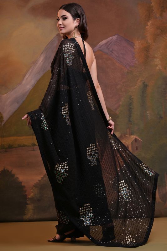 Black Designer Sequance Embroidery Work Georgette Saree