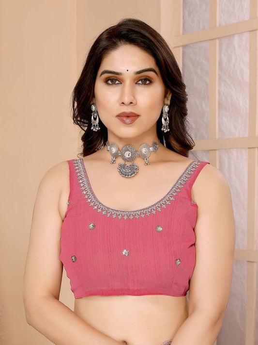 Pink Sequance Embroidery Work Zomato Chiffon Saree