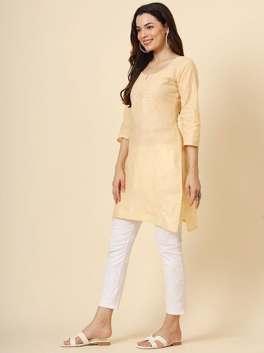 Yellow Cotton Thread Embroidery Work Formal Looks Classy Casual Looks Kurta