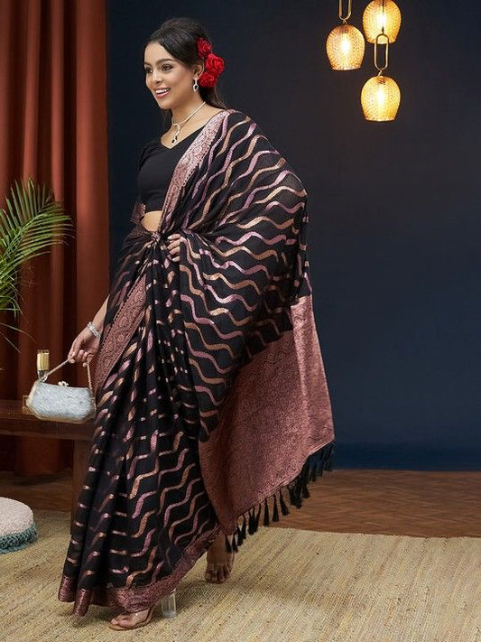 Black Georgette Leheriya Saree With Tassels on Pallu and Stitched Black Blouse