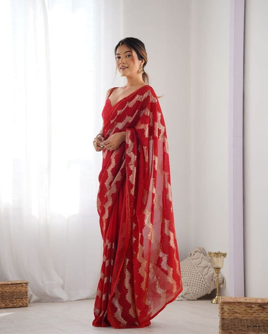 Red Sequance Embroidery Work Border Georgette Saree