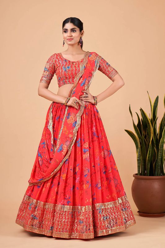 Digital Print Satin Silk Fabric Stitched Lehenga Choli With Jequared Blouse and Assami Silk Thread Work Dupatta For Women and Girls In Festive Party And Traditional Wear