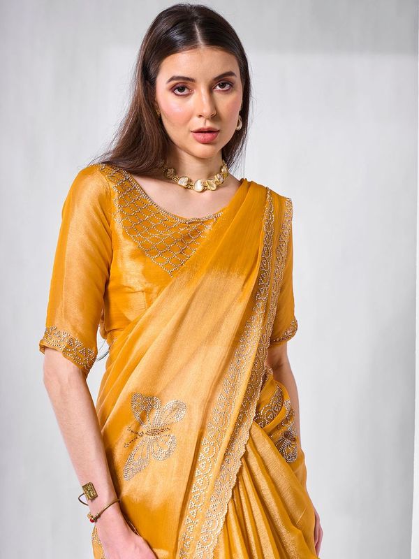 Yellow Color Burburry Fabric Bollywood Style Swarovski  Designer Work Evening Party Saree