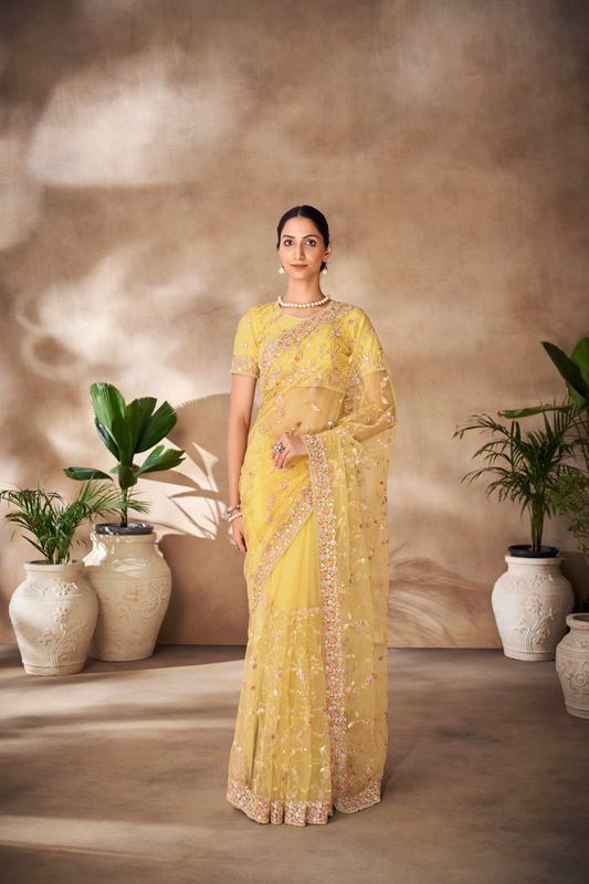 Yellow Thread & Sequance Embroidery & Zarkan Work Net Saree