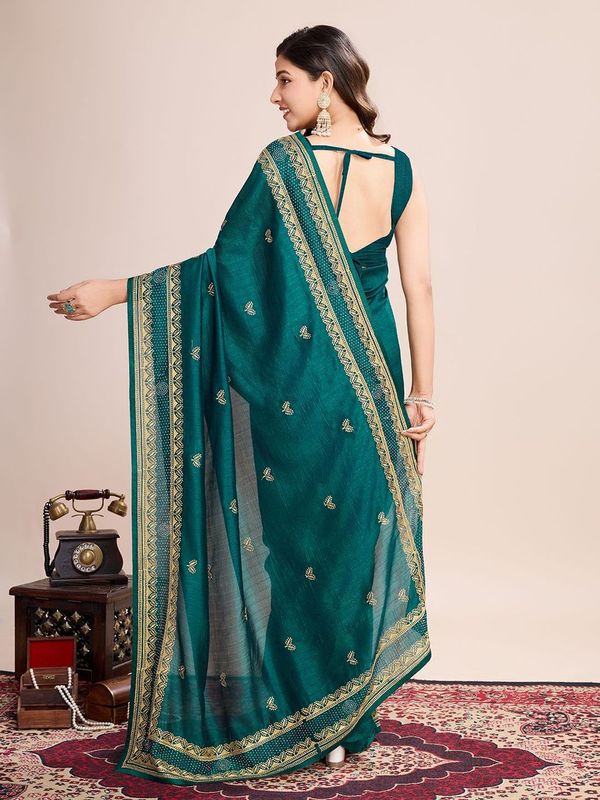 Rama Designer Embroidery Work Vichitra Silk Saree
