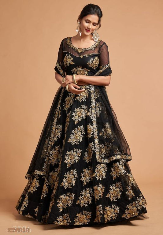 Black Women's Soft Net Embroidery Lehenga Choli