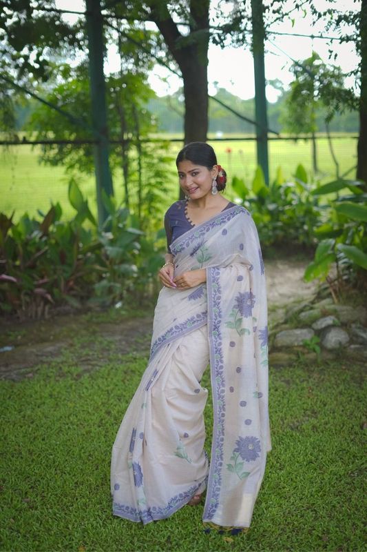 Rich Looks Floral Printed Off White Color Muga Cotton Saree For Sophisticated Looks