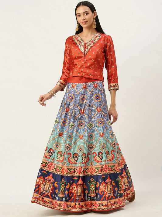 Ethnic Motifs Digital Print Shiney Satin Croptop Lehenga Choli With Blouse For Women and Girls