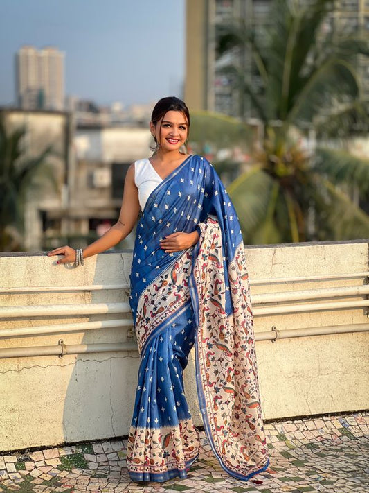 Blue Designer Kalankari Floral Printed Katki Silk Saree