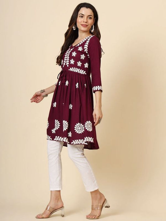 Wine Rayon Heavy Thread Embroidery Work Beautiful Girlie Looks Chikankari Kurti