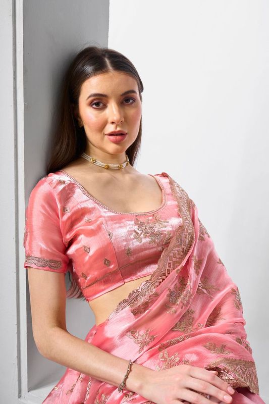 Coral Color Burburry Fabric Bollywood Style Designer Embroidery Work Evening Party Saree