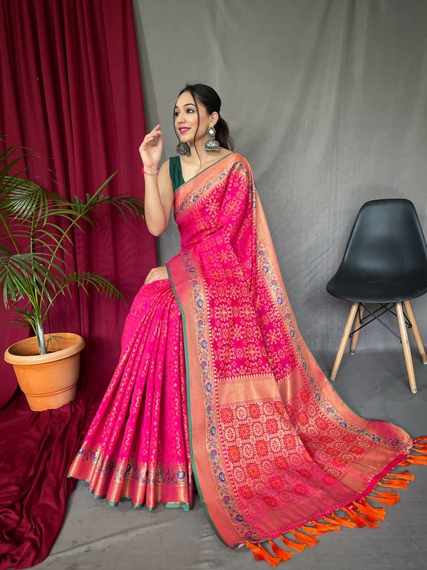 Pink Weaving Jacquard Jari Designer Patola Silk Saree