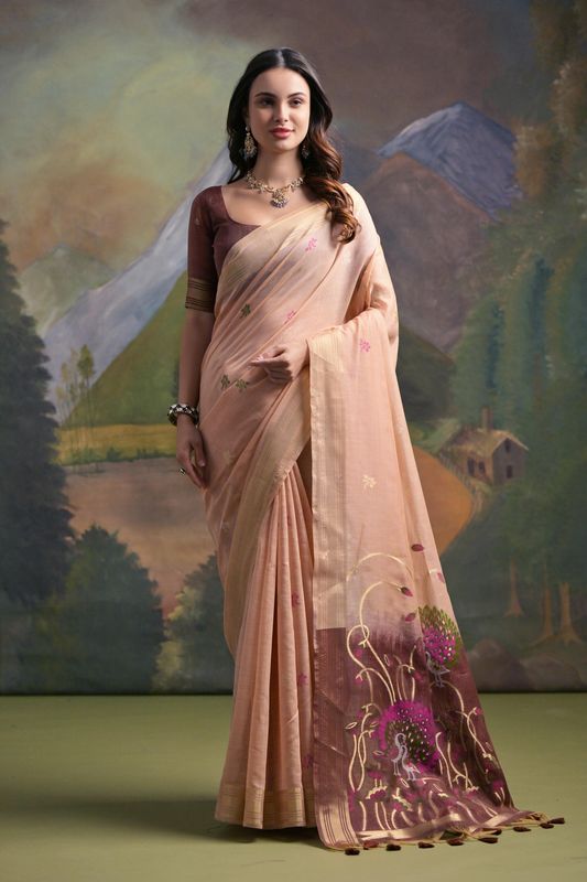 Peach Resham And Zari Weaving Muga Silk Saree