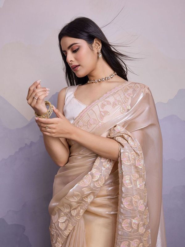 Beige Color Jimmi Silk Fabric Thread Sequins Embroidery Work Heavy Ceremonial Saree