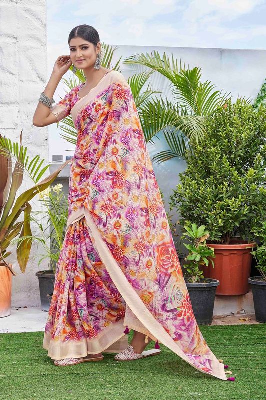 Purple Color Beautiful Fashinove Looks Smart Printed Linen Blend Saree