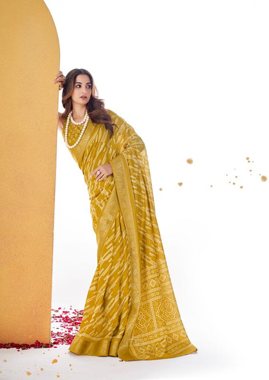 Dark Gold Wevon Border Designer With Printed Dolla Silk Saree