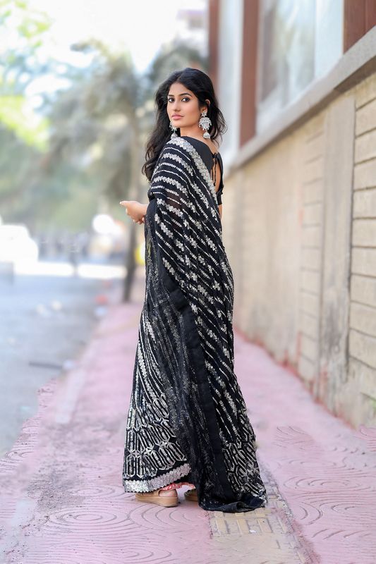 Black Color Georgette Fabric Glamorous Sequance Embroidery Work Saree